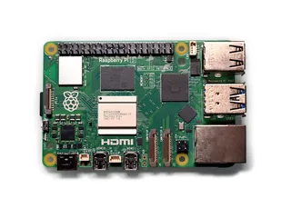 Raspberry Pi 5 single-board computer seen from above, with USB, Ethernet and HDMI ports