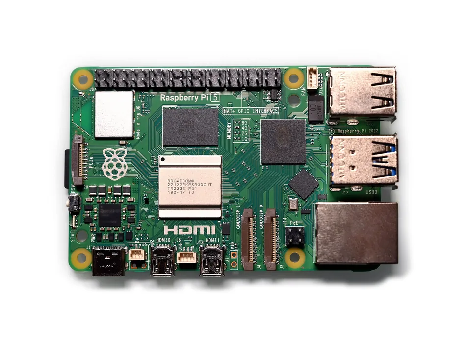 Raspberry Pi 5 single-board computer seen from above, with USB, Ethernet and HDMI ports
