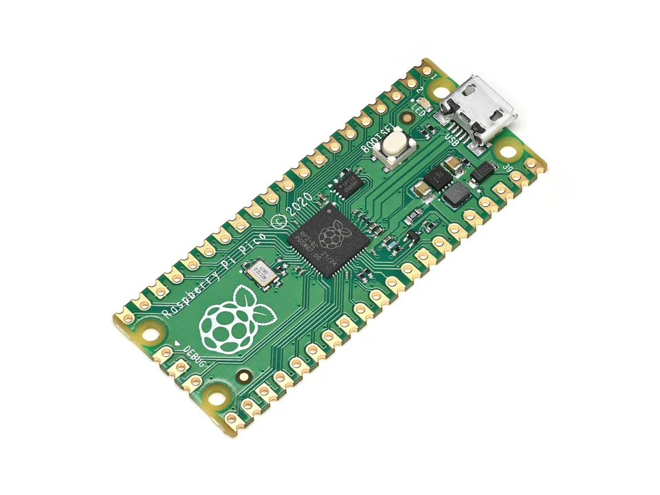 Raspberry Pi Pico microcontroller board with its RP2040 chip and micro-USB port